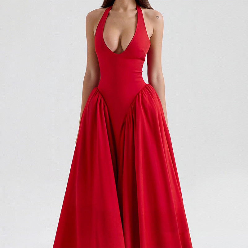 Damen Elegantes Maxikleid mit tiefem V-Ausschnitt und fließendem Rock Drune