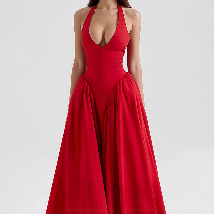 Damen Elegantes Maxikleid mit tiefem V-Ausschnitt und fließendem Rock Drune