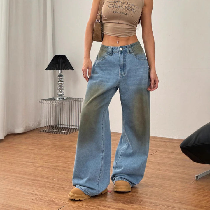 Damen weite High‑Waist-Jeans im Vintage-Wash mit verwaschener Fleckoptik und extra weitem Bein Drune