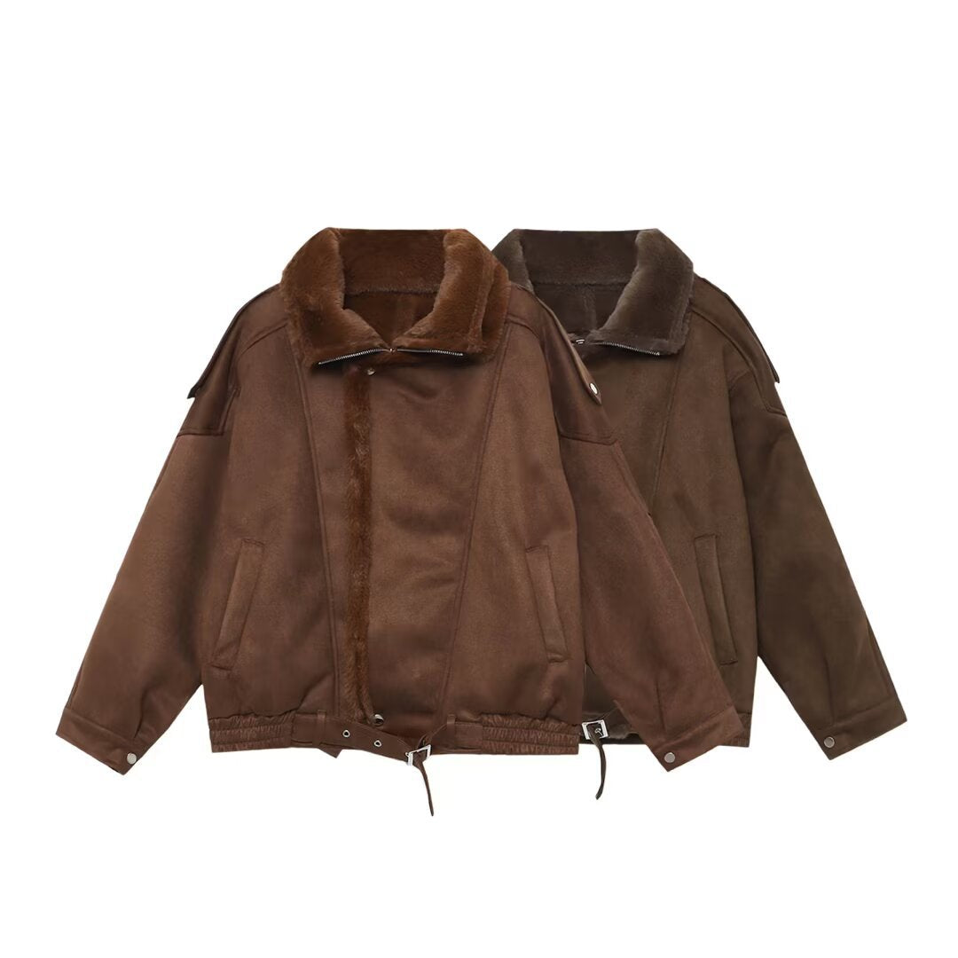 Damen Oversized Aviator-Jacke mit Teddyfutter, Stehkragen und Taillenriegel Drune