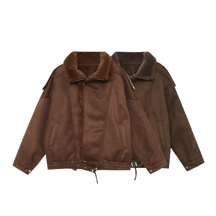 Damen Oversized Aviator-Jacke mit Teddyfutter, Stehkragen und Taillenriegel Drune