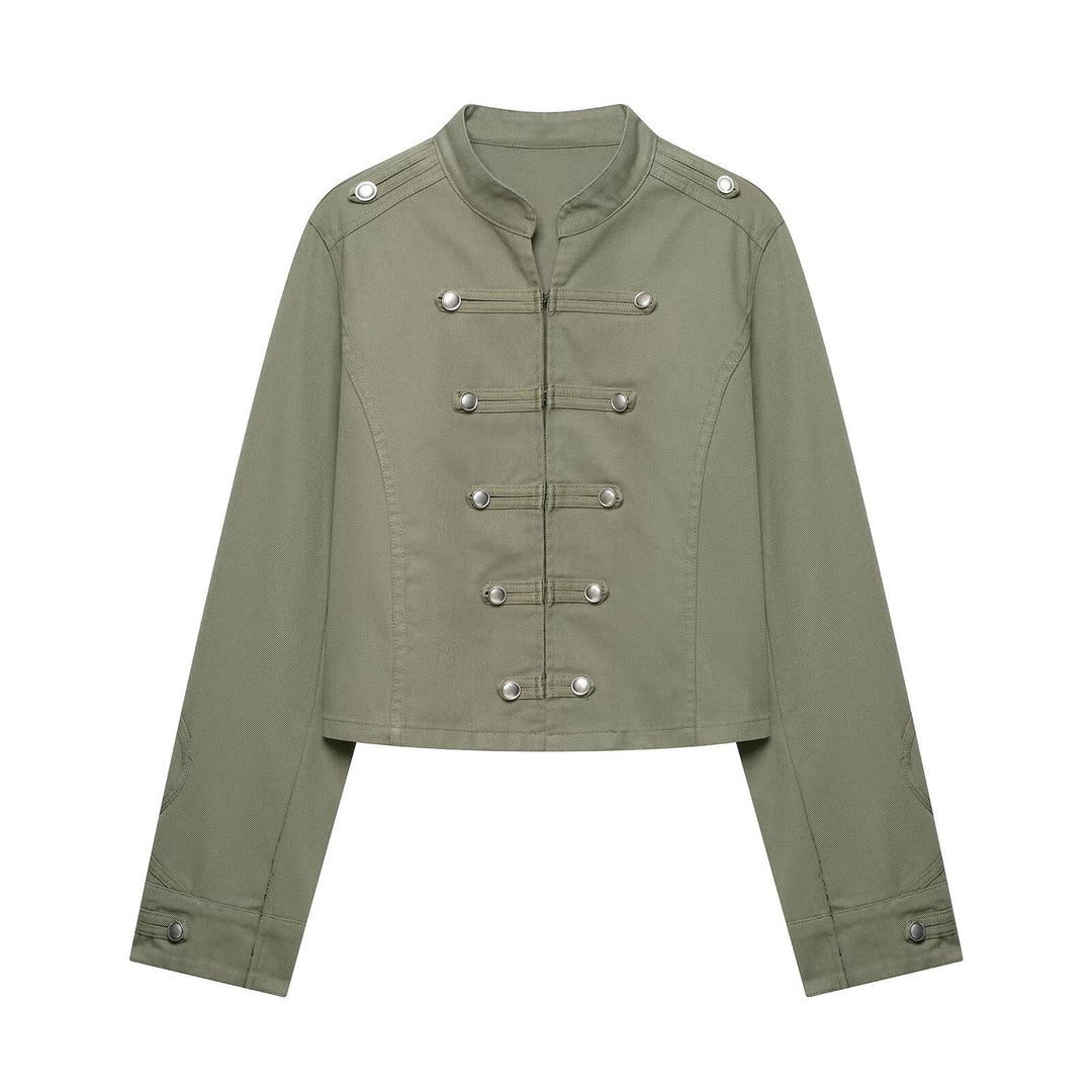Damen Cropped Offiziersjacke im Military‑Look mit Stehkragen und dekorativen Druckknopfleisten Drune