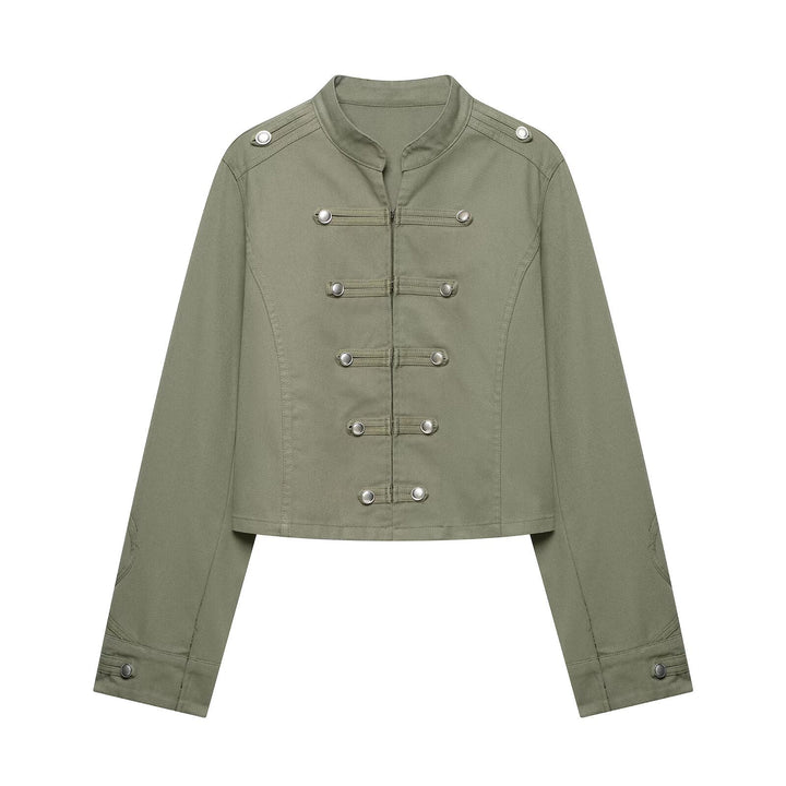 Damen Cropped Offiziersjacke im Military‑Look mit Stehkragen und dekorativen Druckknopfleisten Drune
