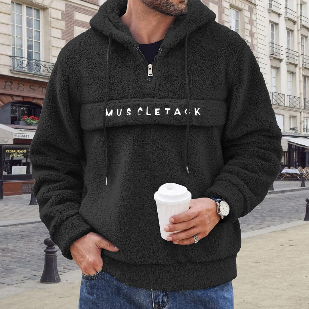 Herren Teddy-Fleece Kapuzenpullover mit halbem Reißverschluss, Kängurutasche und weichem Innenfutter Drune