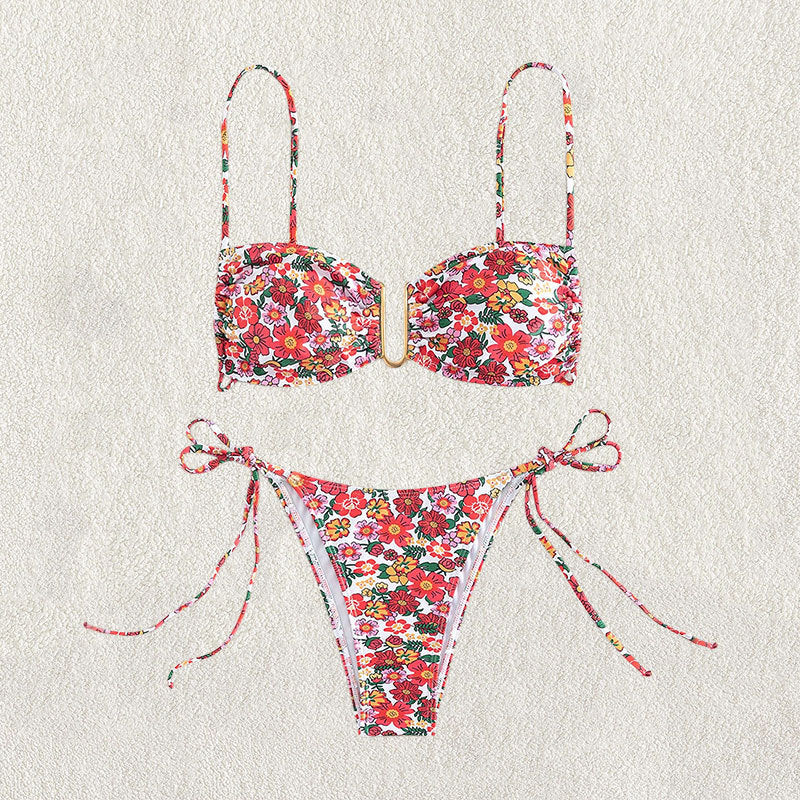Damen blumenmusterter Bikini mit hellem Bustier-Oberteil und verstellbaren Trägern Drune