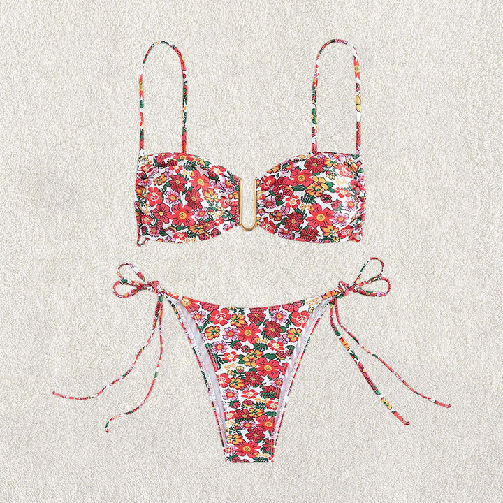 Damen blumenmusterter Bikini mit hellem Bustier-Oberteil und verstellbaren Trägern Drune