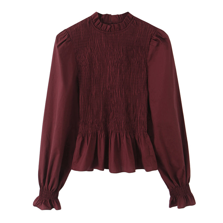 Damen Gestreifte Bluse mit Smok-Front, Stehkragen und Volant-Saum Drune
