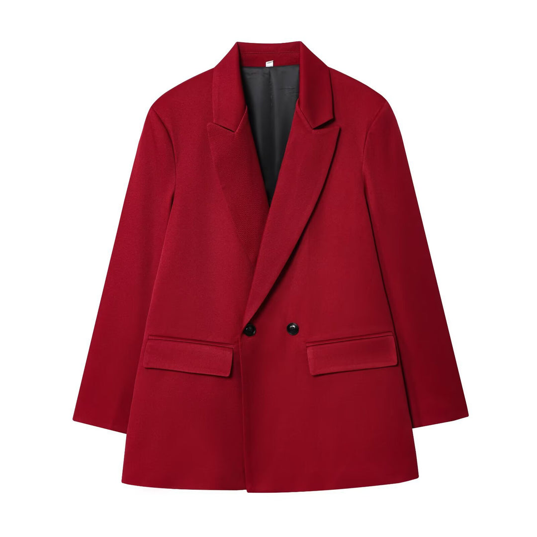 Damen 100+ geradliniger Longline Blazer mit Reverskragen, doppelreihiger Optik und Pattentaschen Drune