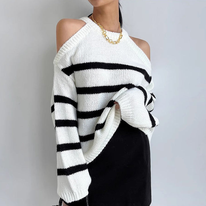 Damen Oversized Pullover mit offenem Schulterdesign und Streifenmuster Drune