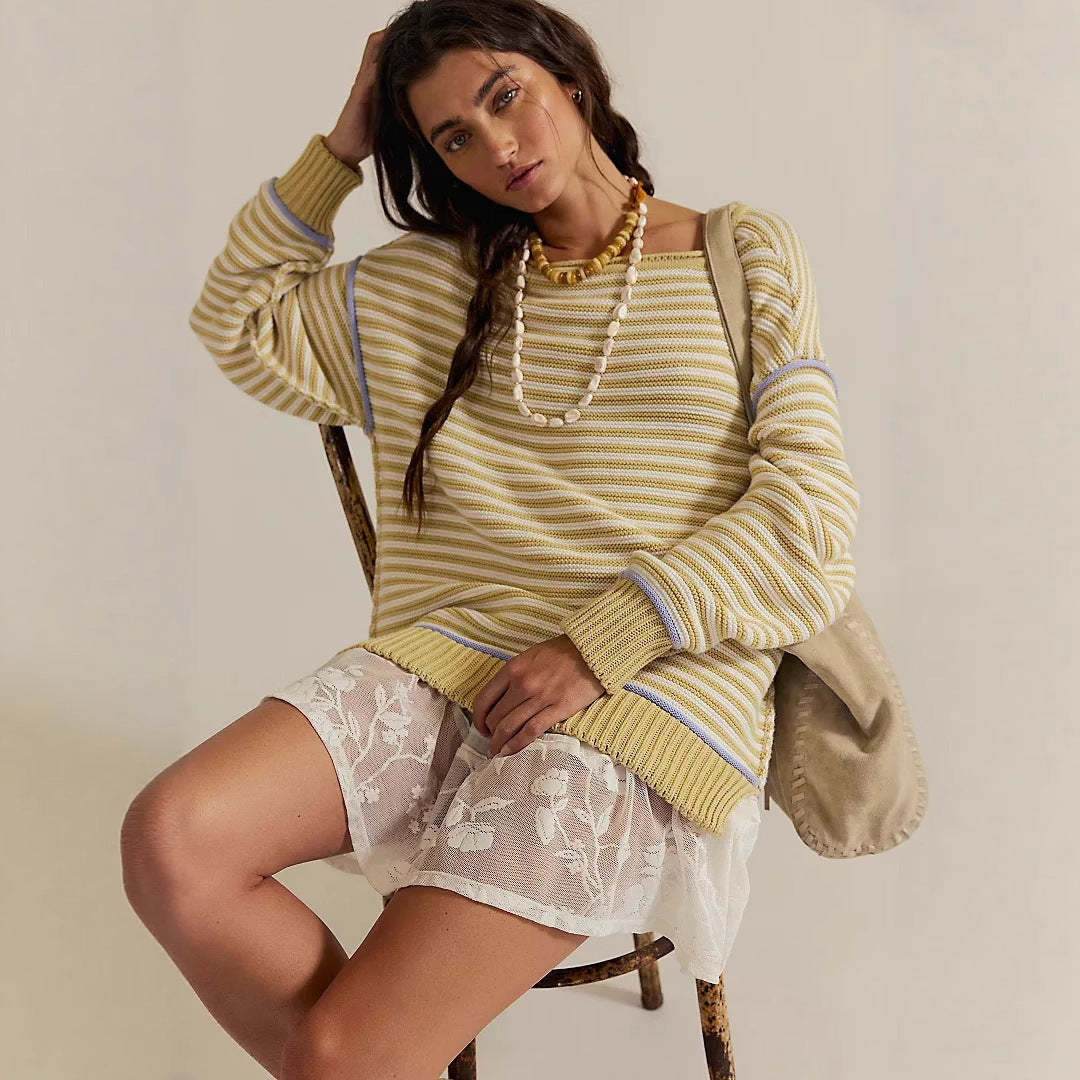 Damen Oversize Ringelstrickpullover mit weitem Schnitt, Bündchen & kontrastierenden Paspeln Drune