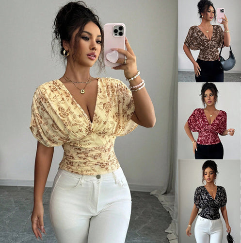 Damen Figurbetonte Wickelbluse mit tiefem V-Ausschnitt, geraffter Taille und Kimonoärmeln Drune