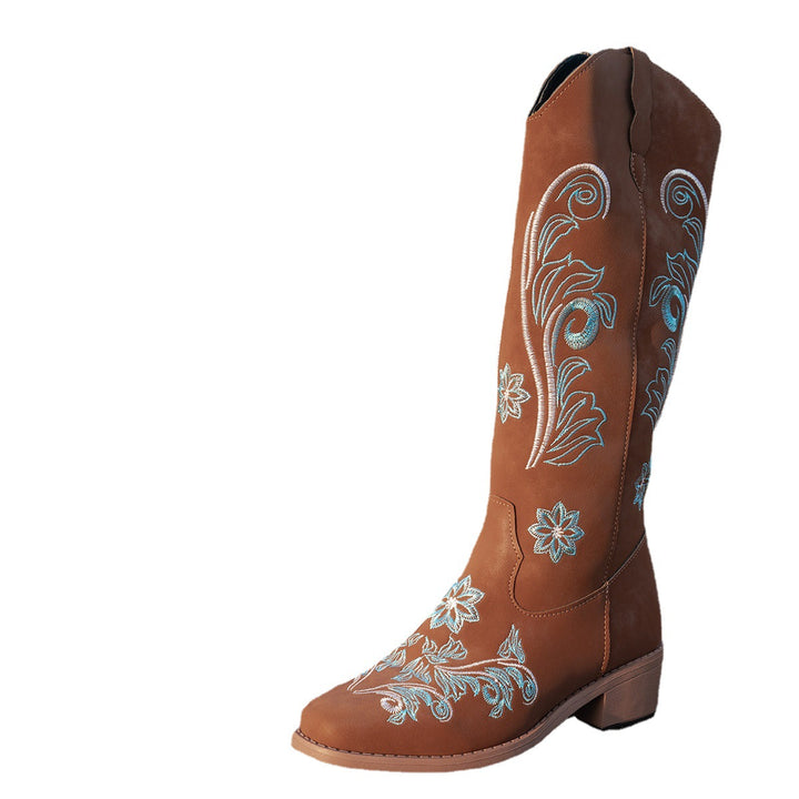 Damen Cowboy-Stiefel mit handgefertigten floralen Details und bequemem Blockabsatz Drune
