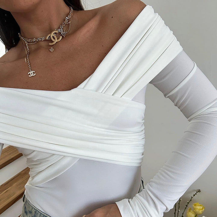 Damen Off-Shoulder Oberteil mit raffiniertem Wickeldesign und langen Ärmeln Drune