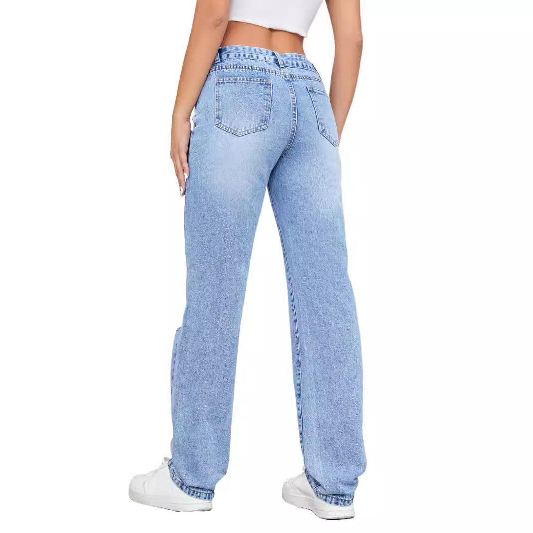 Damen hohe Jeans im lässigen Vintage-Stil mit stylischem Destroyed-Effekt Drune