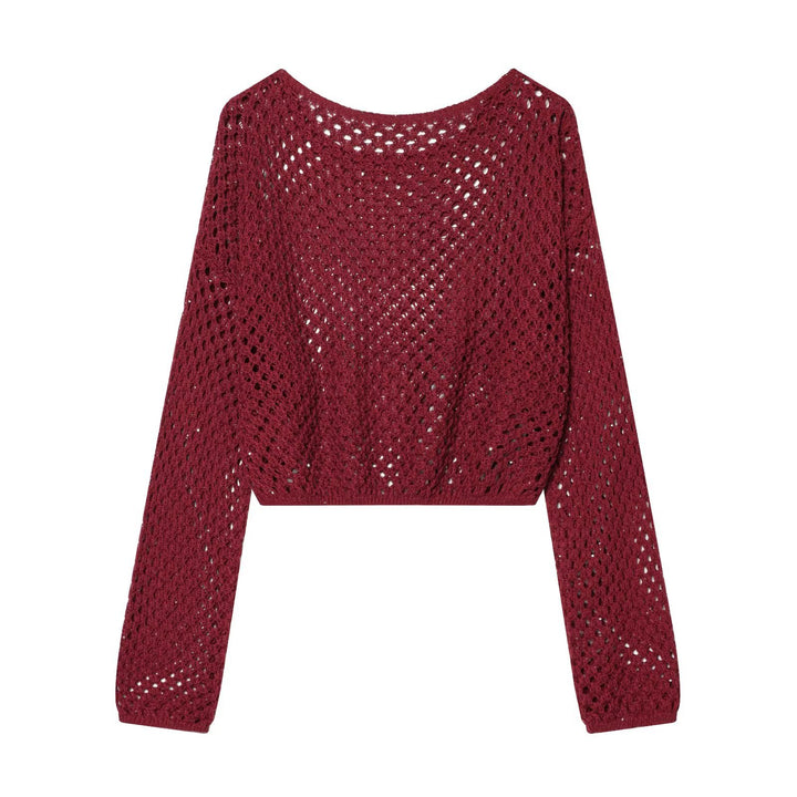 Damen Kurzgeschnittener Häkelpullover mit Lochmuster und weitem Ausschnitt Drune