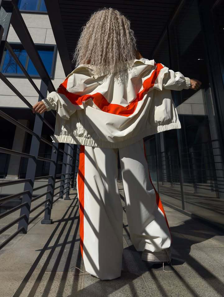Damen Zweiteiliges Oversized Windbreaker-Set mit Kontraststreifen, Elastischem Saum und Tunnelzughose Drune