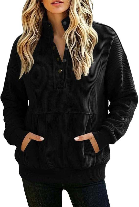 Damen gerippter Henley-Pullover mit Stehkragen und Kängurutasche Drune