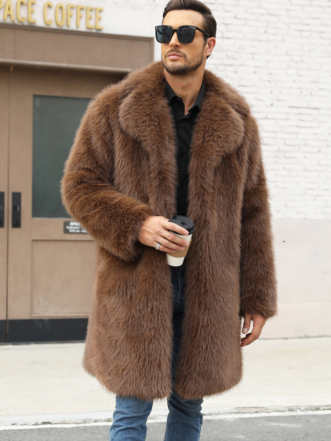 Herren Luxuriöse Kunstpelzjacke mit voluminösem Kragen Drune