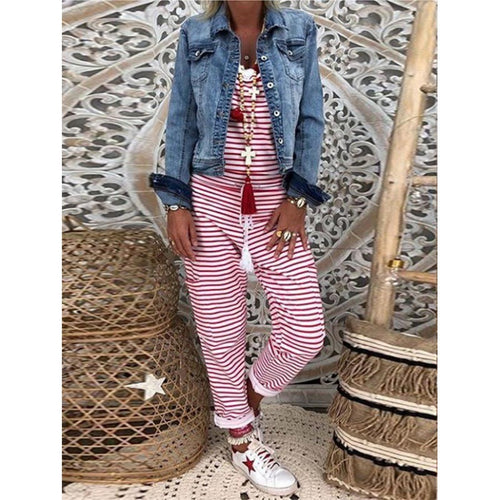 Damen Lässiger Jumpsuit mit schulterfreier Raffung und modischem Streifenmuster Drune