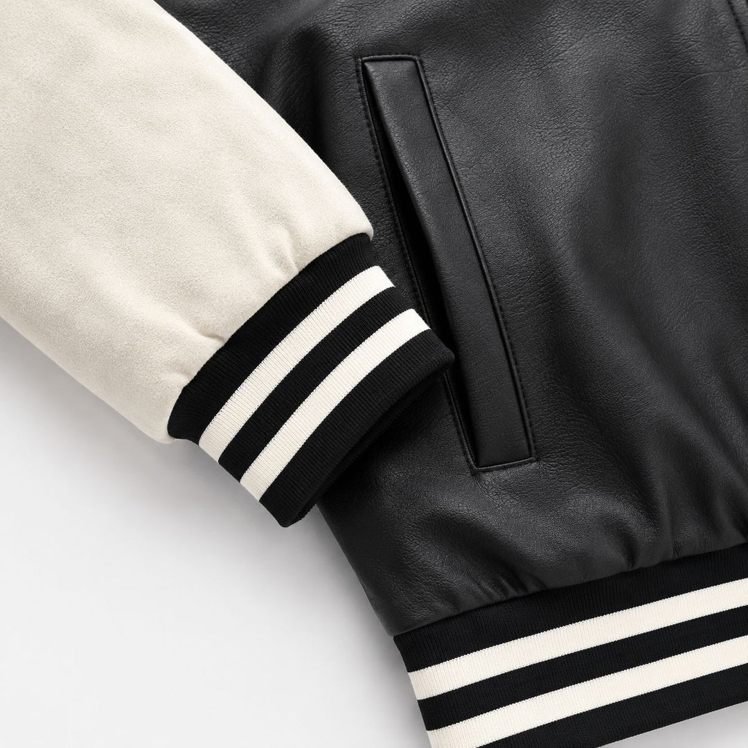 Herren Varsity‑Bomberjacke im College‑Stil mit Lederimitatkörper und kontrastierenden Wildlederärmeln Drune