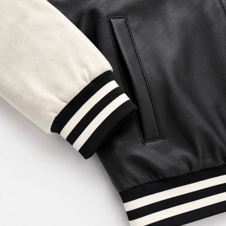Herren Varsity‑Bomberjacke im College‑Stil mit Lederimitatkörper und kontrastierenden Wildlederärmeln Drune