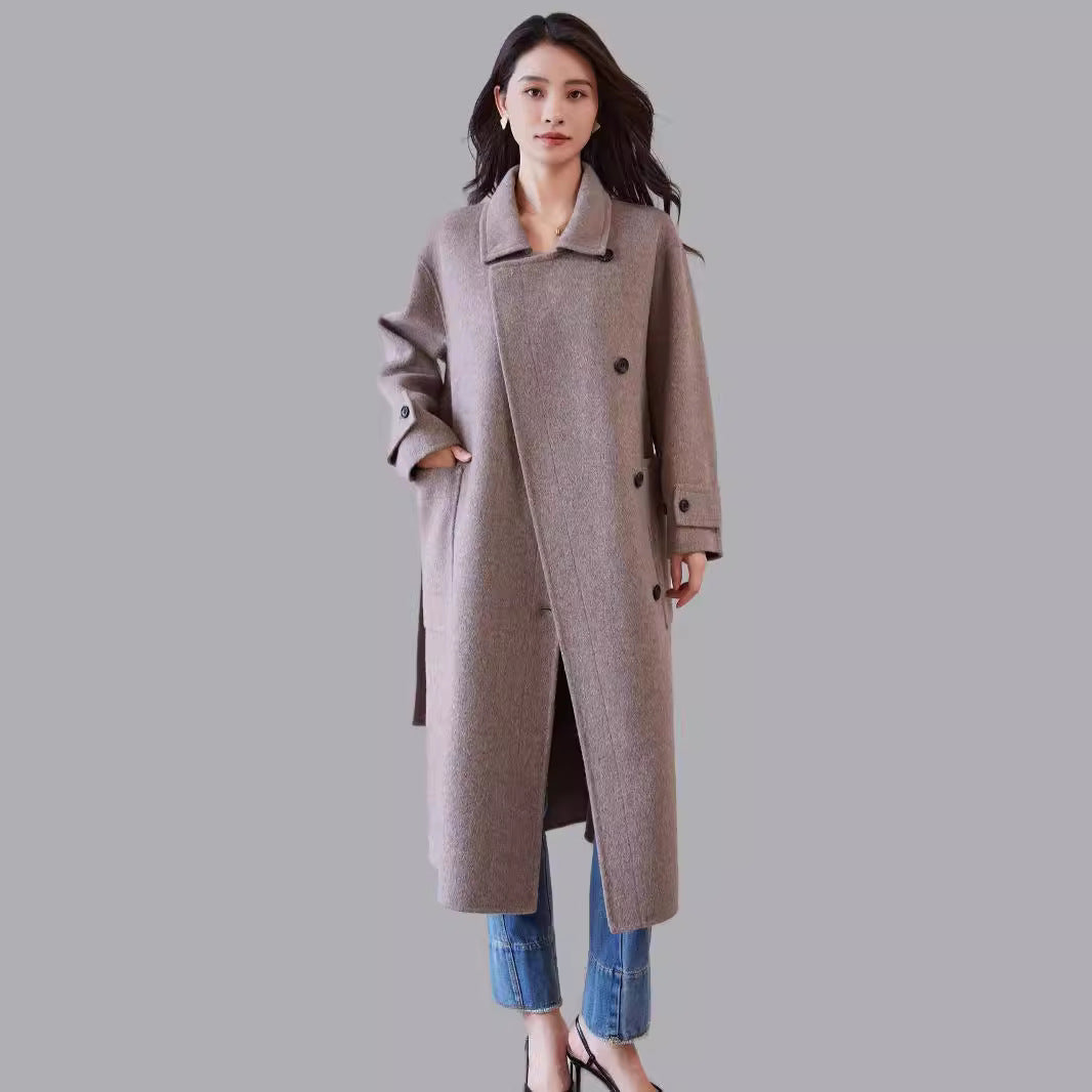 Damen Oversize Wollmantel mit Bindegürtel und weitem Revers Drune