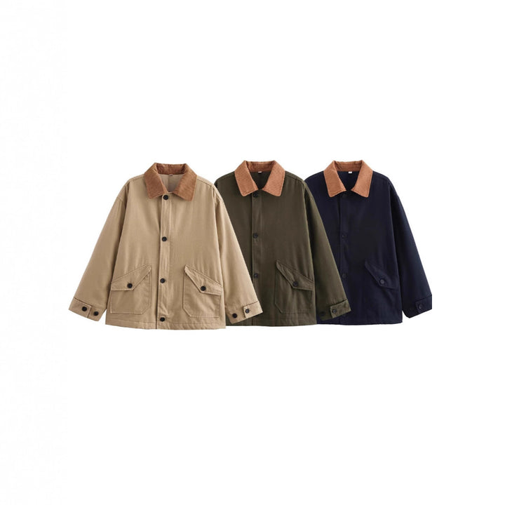 Damen entspannte Utility-Jacke mit geripptem Kragen und praktischen Taschen Drune