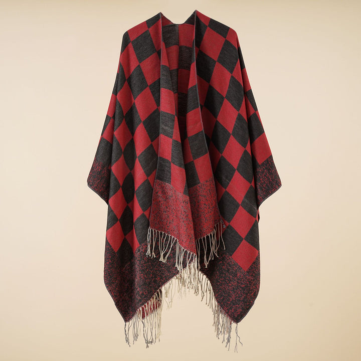 Damen Oversize-Poncho mit Karomuster und Fransen Drune