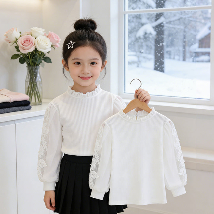 Mädchen elegante Bluse mit Rüschen und bestickten Ärmeln Drune