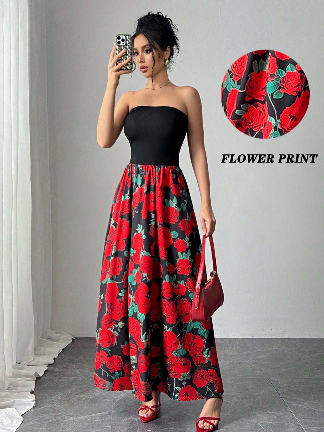 Damen nan trägerloses Maxikleid mit figurbetontem Bandeau-Oberteil und ausgestelltem Rosen-Print-Rock Drune