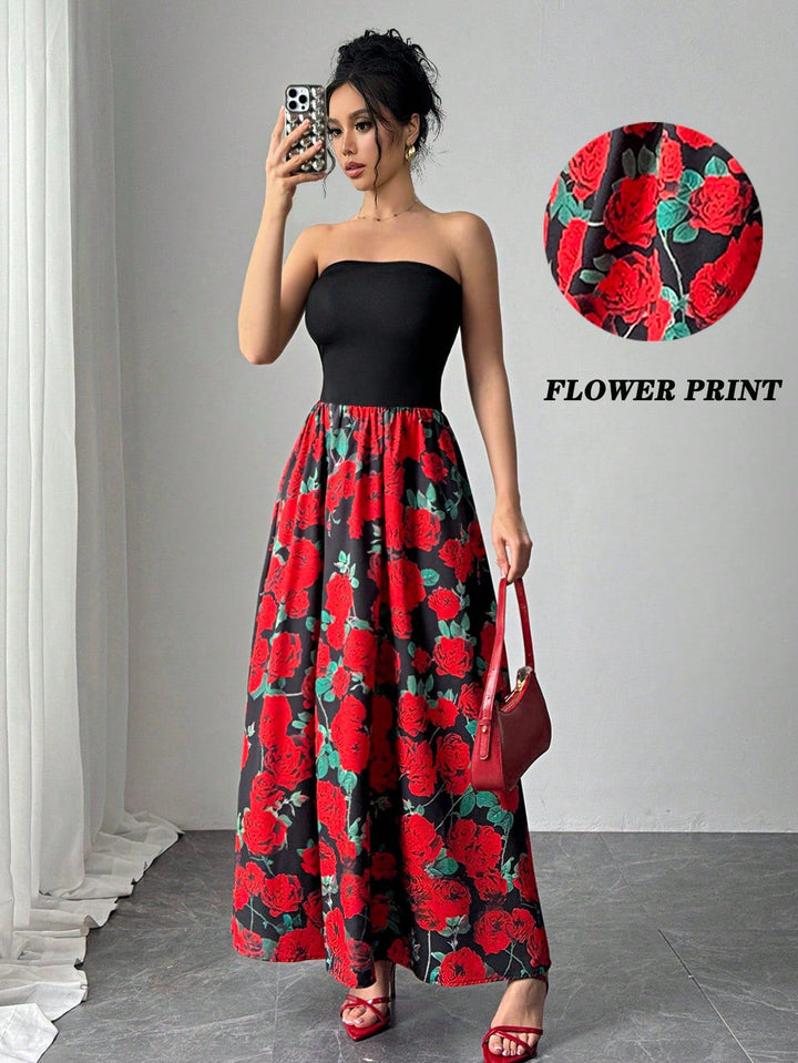 Damen nan trägerloses Maxikleid mit figurbetontem Bandeau-Oberteil und ausgestelltem Rosen-Print-Rock Drune