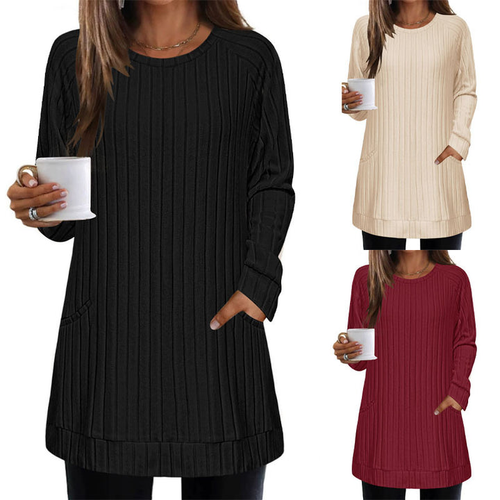 Damen Gerippter Longpullover-Tunika mit Rundhals, Seitentaschen und legerer Passform Drune