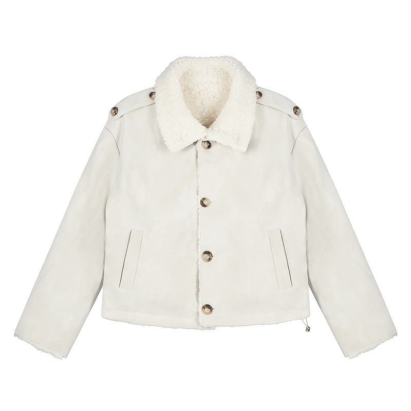 Damen Kurzgeschnittene Lammfell‑Optik Fliegerjacke mit Teddyfutter und Reverskragen Drune