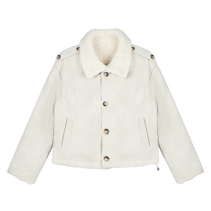 Damen Kurzgeschnittene Lammfell‑Optik Fliegerjacke mit Teddyfutter und Reverskragen Drune