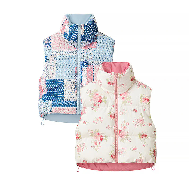 Damen nan gesteppte Weste mit floralem Allover-Print, hohem Stehkragen und verstellbarem Saum Drune
