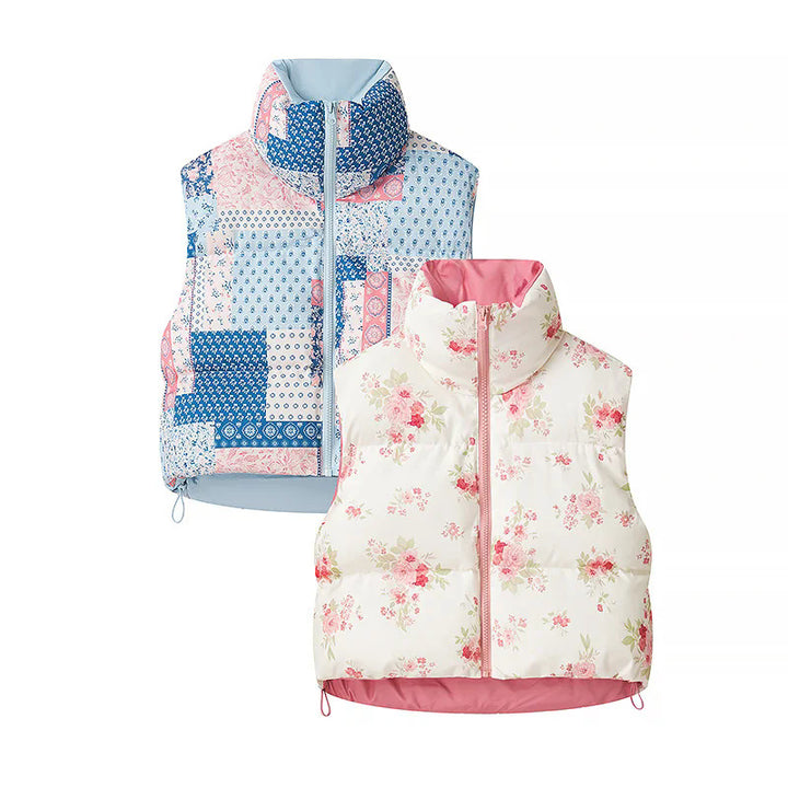 Damen nan gesteppte Weste mit floralem Allover-Print, hohem Stehkragen und verstellbarem Saum Drune