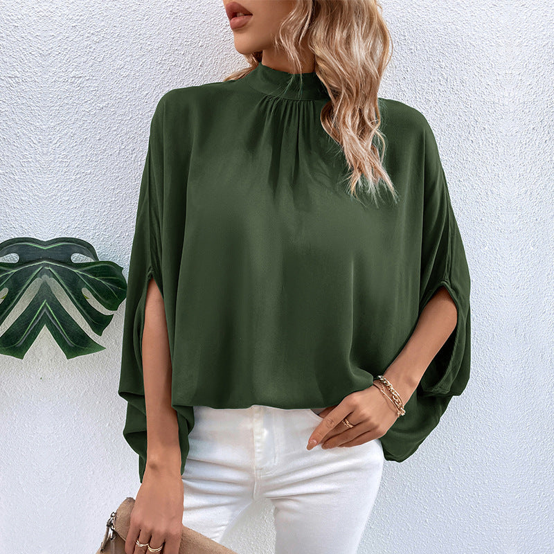 Damen Elegante Bluse mit Stehkragen und Seitenschlitzen Drune