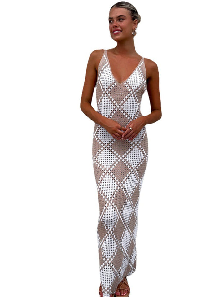 Damen-Maxikleid mit feinem Mesh-Strick und diamantförmigem Muster Drune