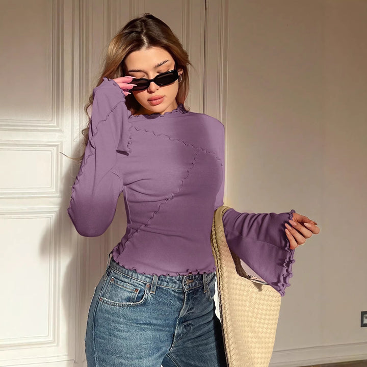 Damen Geripptes Langarmshirt mit Rüschen-Saum und Stehkragen Drune