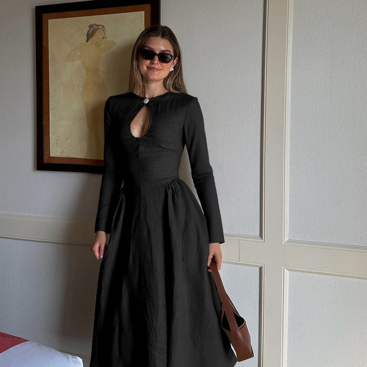 Damen elegantes Midikleid mit schickem Ausschnitt und taillierter Silhouette Drune