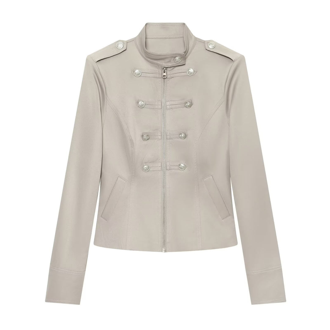 Damen Militärisch inspirierte Kurzjacke mit Reißverschluss und Zierknöpfen Drune