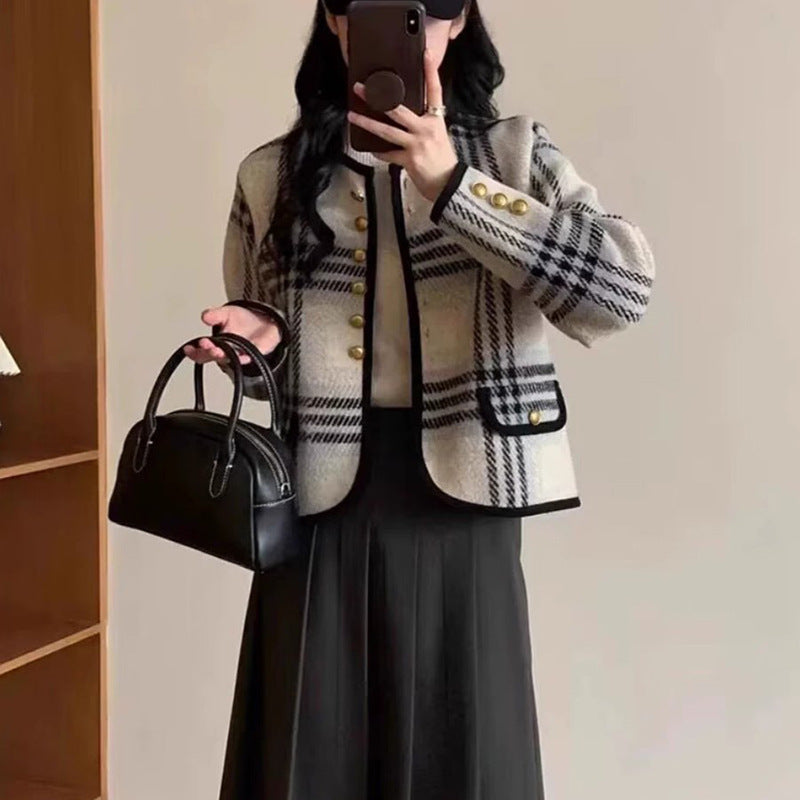 Damen Freizeitblazer mit eleganter Karomusterung und Knopfdetails Drune