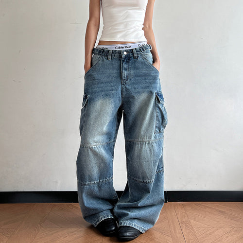Damen Ultraweite Palazzodenim-Cargohose mit tiefem Schritt und übergroßen Klappentaschen Drune