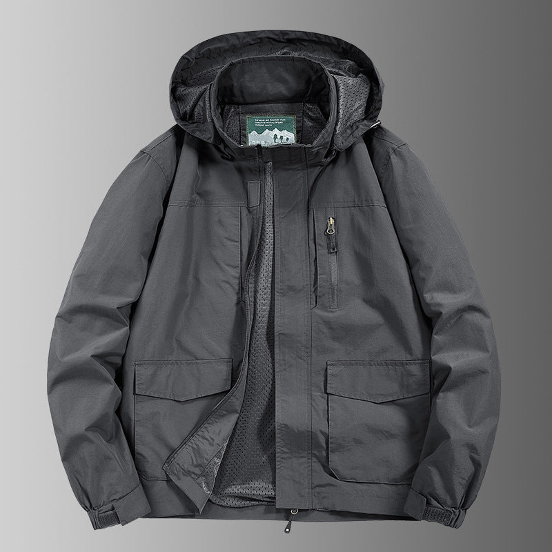 Herren Kapuzen-Outdoorjacke mit atmungsaktivem Meshfutter, wasserabweisender Ripstop‑Hülle & verdecktem Frontreißverschluss Drune