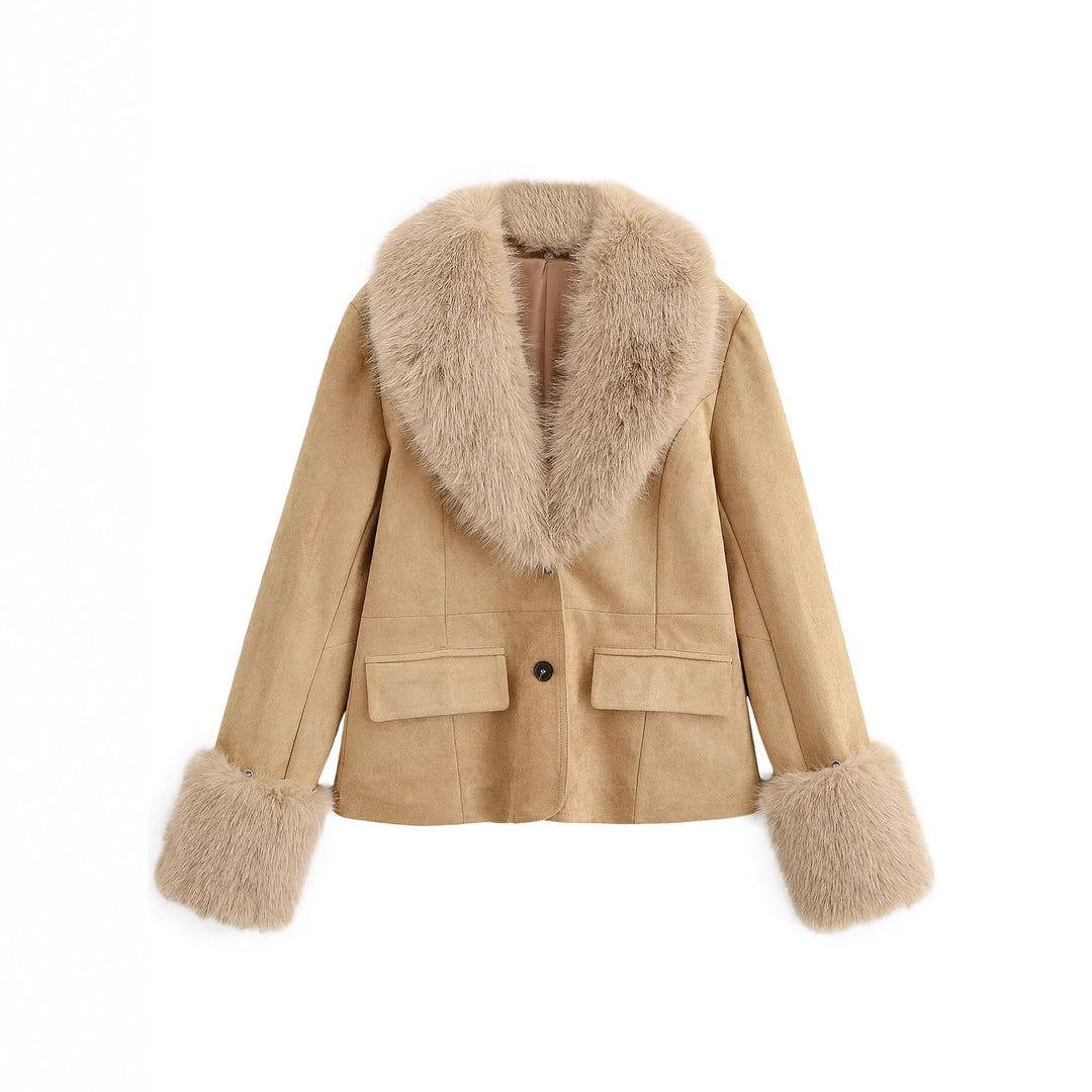 Damen 20+ kurzer Veloursimitat‑Blouson mit üppigem Webpelzkragen und Pelzmanschetten Drune