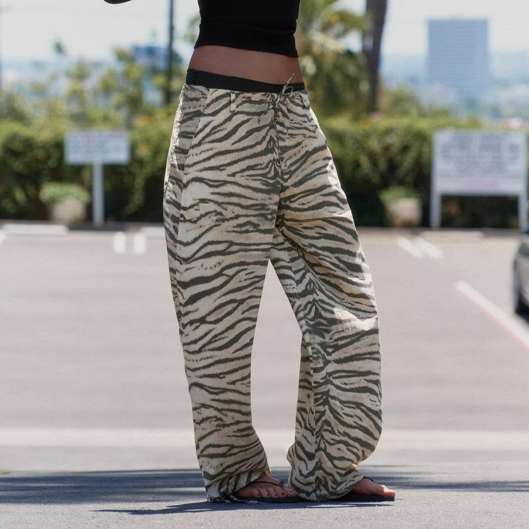 Damen Weite Palazzohose mit Tunnelzugbund, Kordelzügen und animalischem Print Drune