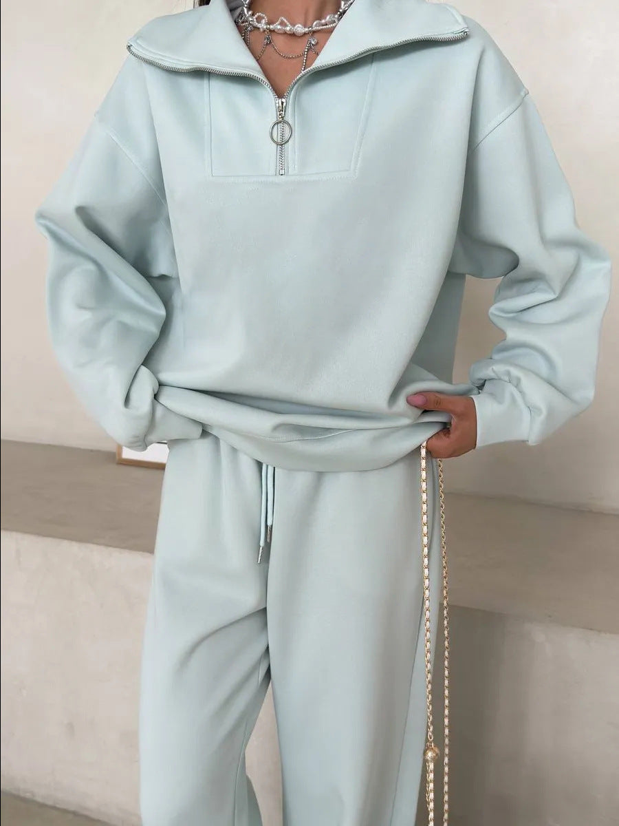 Damen lässiges Sweatset mit halbhohem Reißverschluss Kragen und weitem Jogger Drune