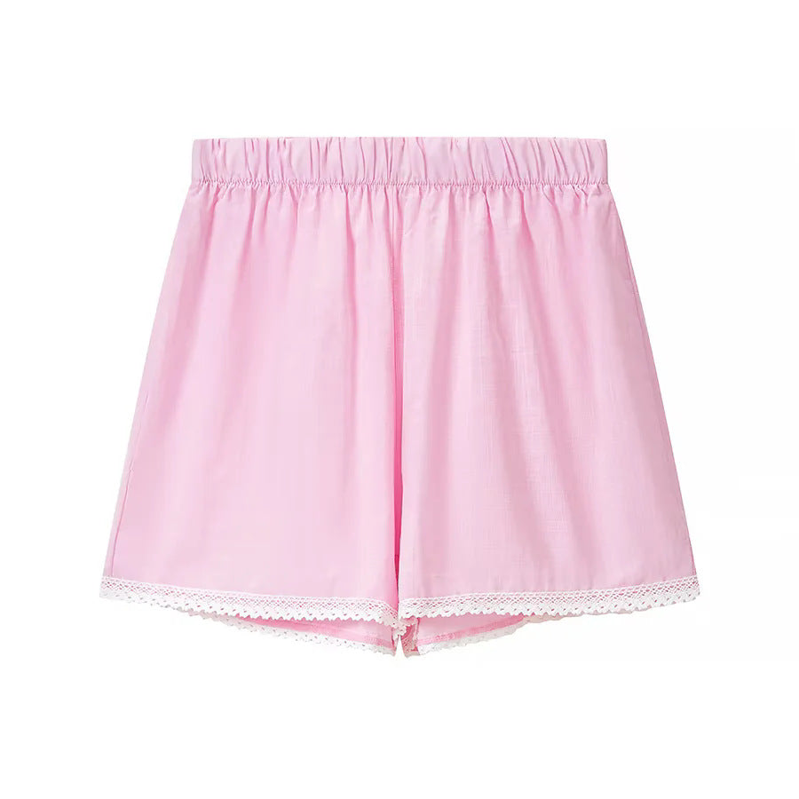 Damen nan zweiteiliges schulterfreies Schlafanzug-Set mit Spitzenbesatz, Herzknopf-Leiste und elastischer Shorts-Bund Drune