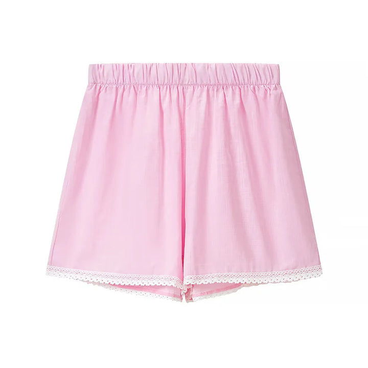 Damen nan zweiteiliges schulterfreies Schlafanzug-Set mit Spitzenbesatz, Herzknopf-Leiste und elastischer Shorts-Bund Drune
