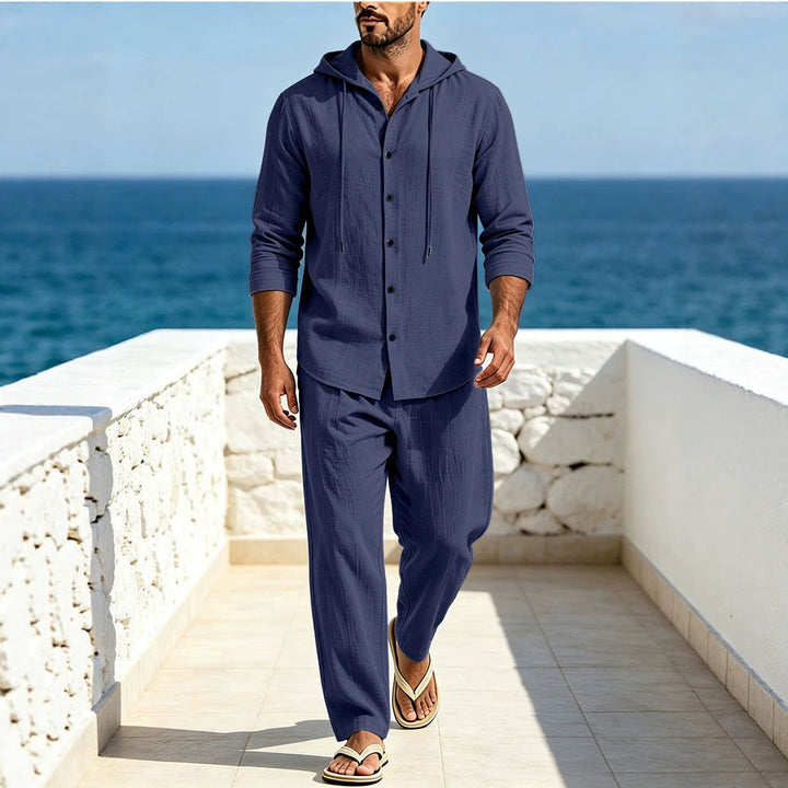 Herren Atmungsaktives Baumwoll-Gauze Loungewear-Set mit Kapuzenhemd und weiten Sommerhosen Drune
